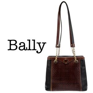 Bally Vintage Black and Brown Leather Shoulder Tote with Woven Front